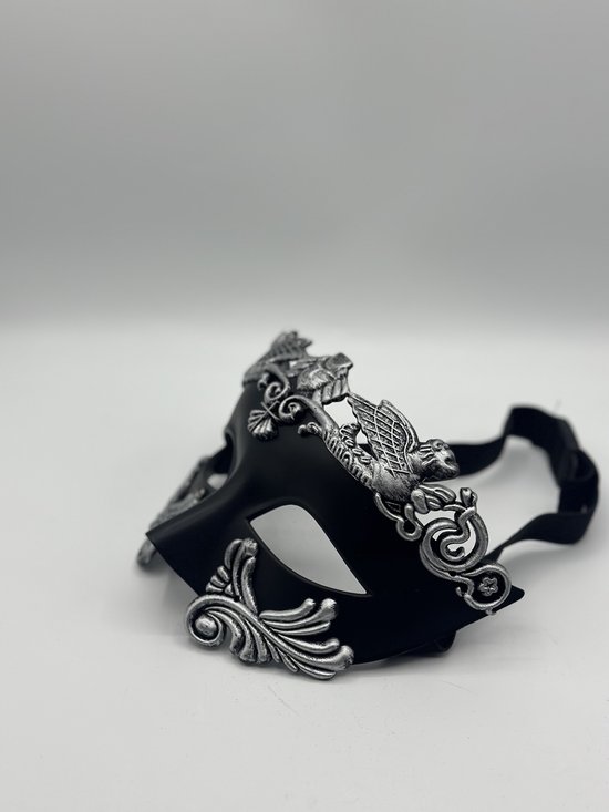 Masque vénitien pour hommes en noir avec argent - Masque de Fête pour hommes avec et sans lunettes - Masque pour porteurs de lunettes - Masque de Gala dans le style grec-romain