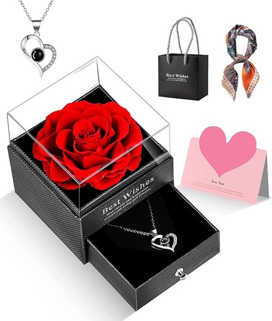 Eeuwige roos Infinity Roses with I Love You Collier Cadeau voor vrouw, moeder, oma, vrouw, vriendin, zus, echte geconserveerde roos, cadeau voor haar, rozenbox voor feest
