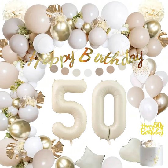 Kit de fête pour le 50e anniversaire avec de grands chiffres '50' beiges, des ballons beige, blanc et or, des bannières 'Happy Birthday' et des décorations.