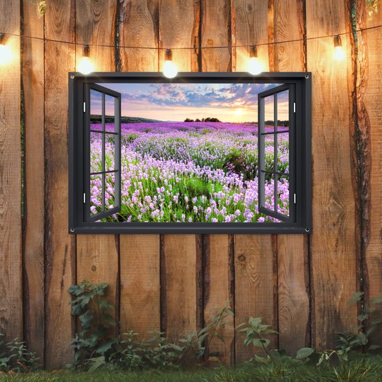 Tuinposter 120x80 cm - Tuindecoratie Doorkijk - Bloemen - Landschap - Raam - Poster voor in de tuin - Buiten decoratie - Schutting tuinschilderij - Tuindoek muurdecoratie - Wanddecoratie balkondoek