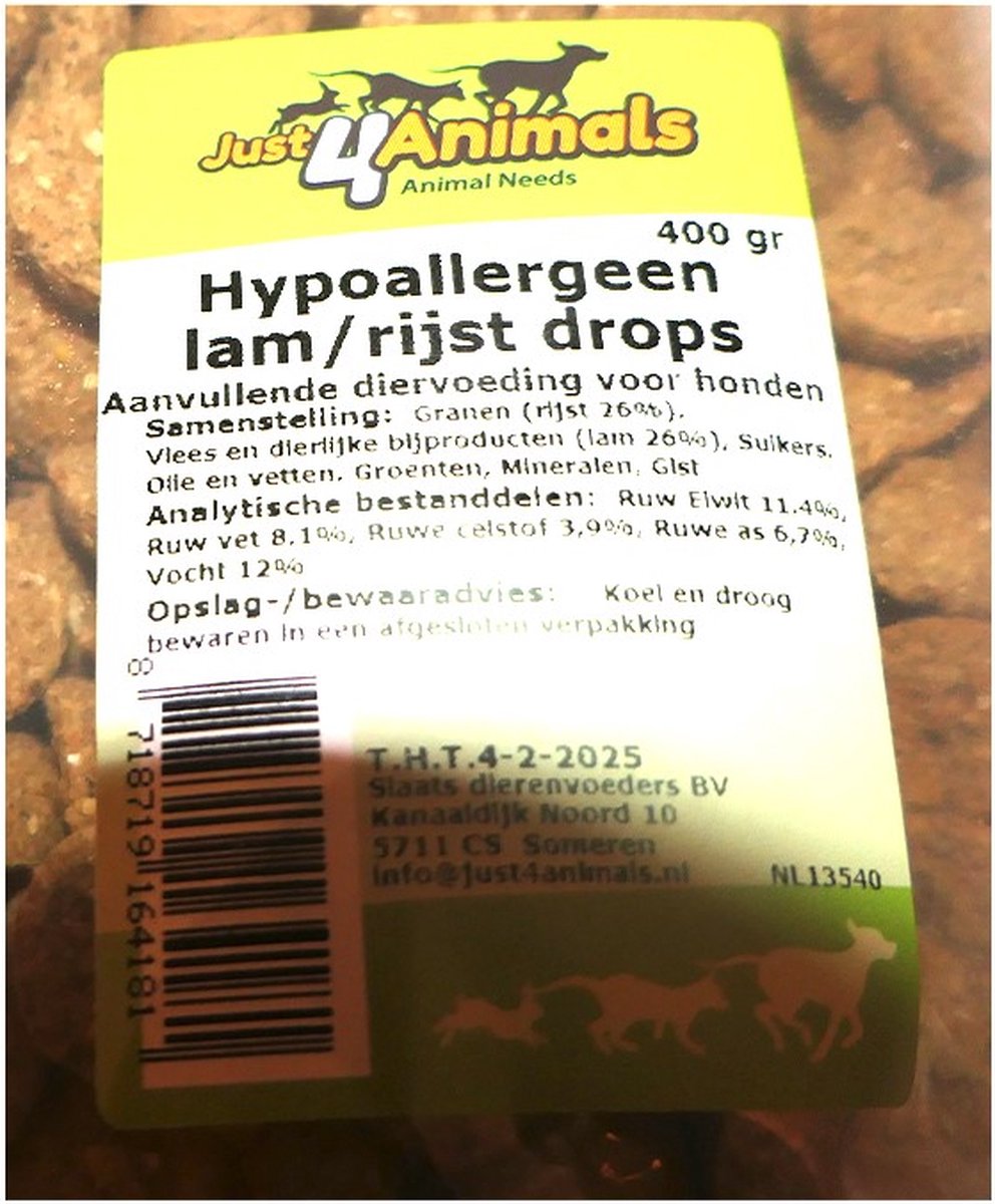 just4animals hondensnack HYPOALLERGEEN 1 KG lam en rijst drops in hersluitbare plastiekdoos 1 kg