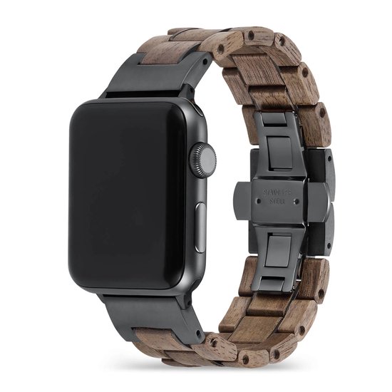 Apple Watch-bandje - walnotenhout en zwart staal 24-45 mm