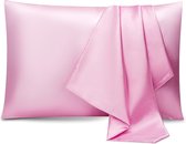 Taie d'oreiller en satin de soie pour cheveux et peau, lot de 2 avec emballage cadeau, sans acné, fermeture éclair dissimulée, taie d'oreiller, rose, standard (50 x 75 cm)