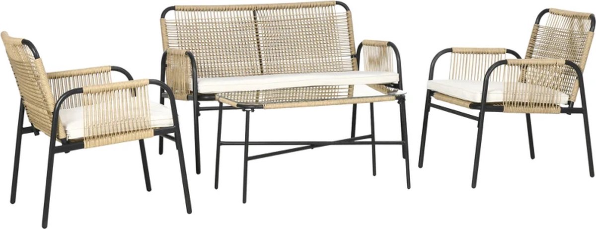 Balkonset - Tuinset - Bistroset - Naturel - 4 delig - Met kussens - Tuintafel en 4 stoelen - 4 Personen - Gecoat staal - Onderhoudsvrij staal