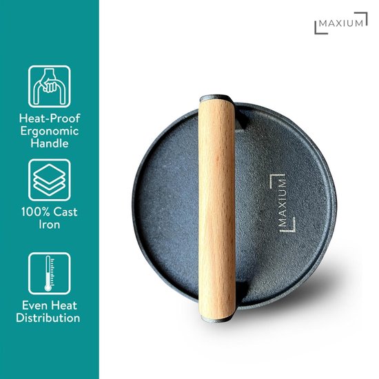 Maxium - Presse à Hamburger XL - Fonte - Extra lourde - 17,5 cm - Accessoires de vêtements pour bébé BBQ - Machine à Hamburger - Presse à Hamburger Grill - Machine à Burger Smash - Comprend une brosse BBQ avec grattoir et brosse en Siliconen