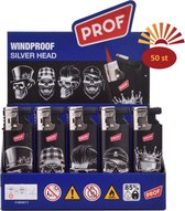 Prof Turbolighter windproof Slidecap design SILVER SKULLS - display 50 stuks -turbovlam - hervulbare elektronische aanstekers