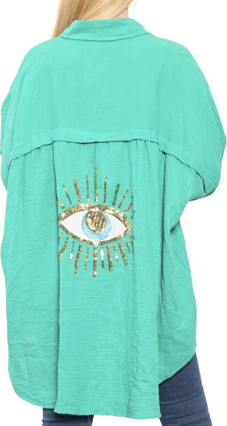 Evil Eye Blouse - 100% katoen - Bekend van Tik Tok - Dames mode - Boho Chic - Mode zomer - Mint - One Size