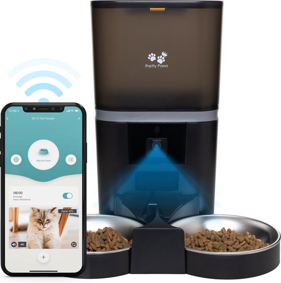 Pretty Paws QQ005 - Voerautomaat met WiFi en Camera - Dubbele Voerbakjes - Kat - 6L - Zwart - Pretty - €99,95
