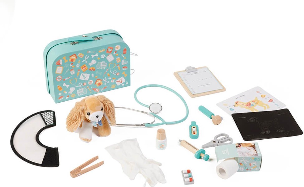 Eurekakids Dokterskoffer Dierenarts Stijlvolle Koffer met Dokter Accessoires en Knuffel 15 Delig