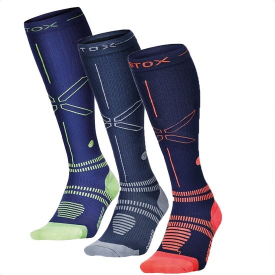 STOX Energy Socks - Lot de 3 Chaussettes de sport pour Homme - Chaussettes de Compression Premium - Couleurs : Bleu Foncé/Jaune, Blauw/ Grijs et Marine - Oranje - Taille : XLarge - 3 Paires - Avantage