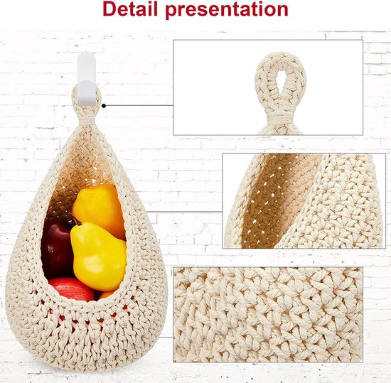 Fruit-hangmand | 3-laags handgemaakte geweven hanghouder | BOHO opbergorganizer voor wanddecoratie, keuken, woonkamer, badkamer slaapkamer