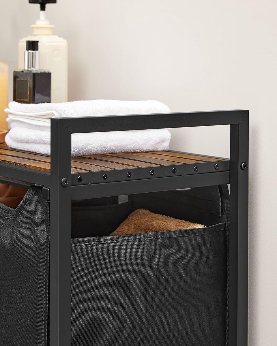 Heybly Wasmand, vuile wasmand, 3 vakken, 170 l, wasmand met rek, wasbox, afneembaar, Oxford-stof, voor bijkeuken, badkamer, slaapzaal, kleur walnoot HLH003WB