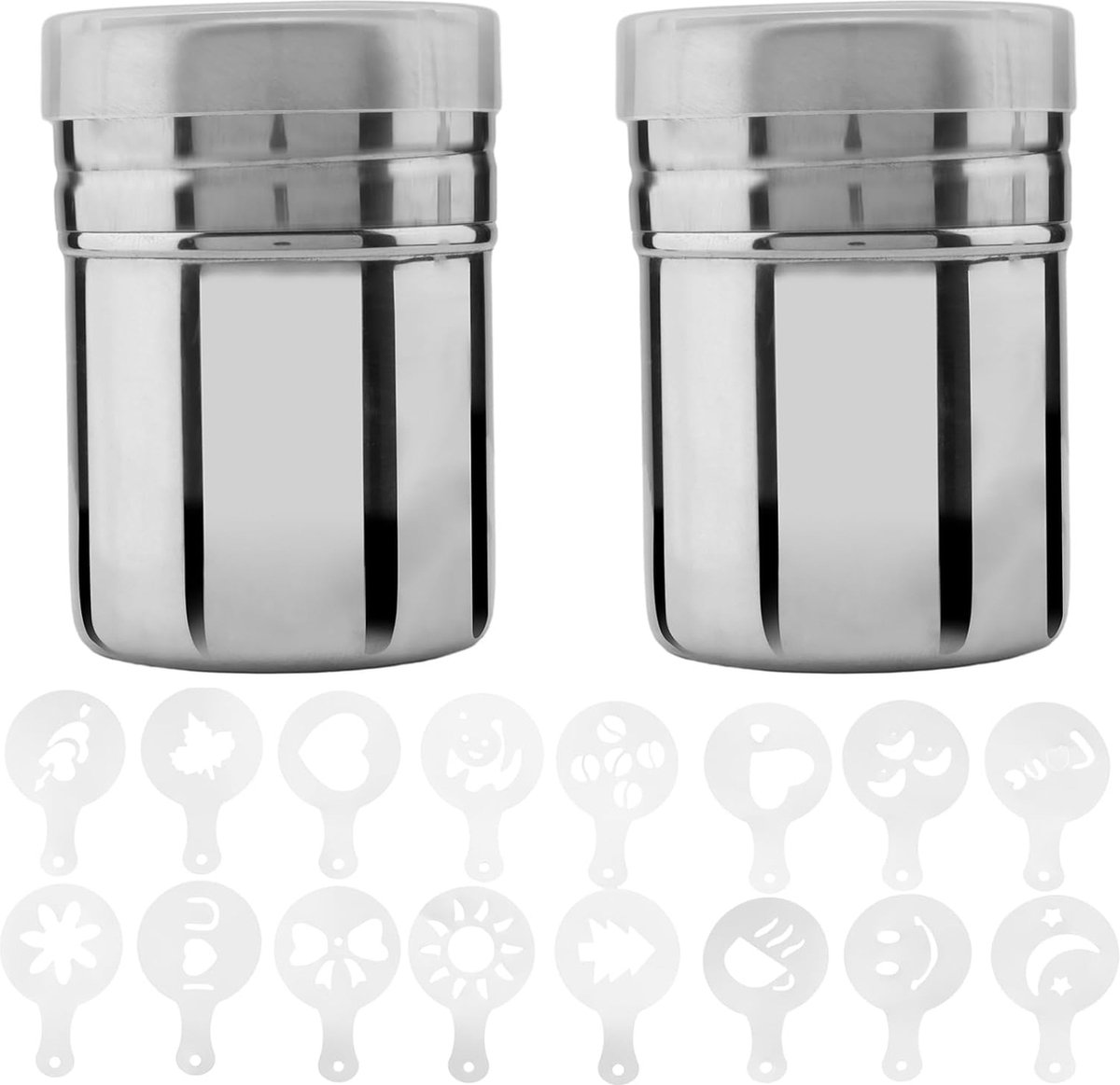 2 stuks meelstrooier poedersuikerstrooier roestvrij staal poederstrooier chocoladestrooier cocoa poedershaker cacaostrooier met deksel met 16 koffiesjablonen