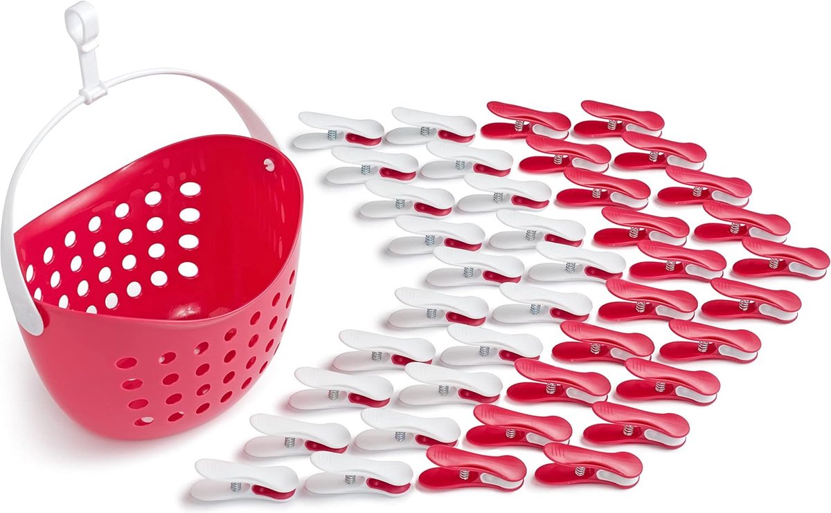 Magenta Wasknijpers, stabiel, zonder afdruk, zachte clips met wasknijpermand, 40 stuks, met wasknijpermand/Viva Magenta wit/wit, Viva Magenta mand, wit