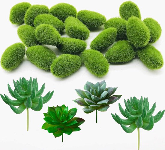 24 STKS Kunstmatige Mosrotsen en Vetplanten Set voor Bloemenarrangementen en Fairy Gardens - Nep Mos en Groen Succulent Decor