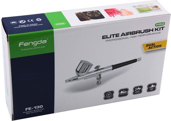 Fengda FE-130 Dual Action airbrush kit verpakking met afbeelding van de airbrush.