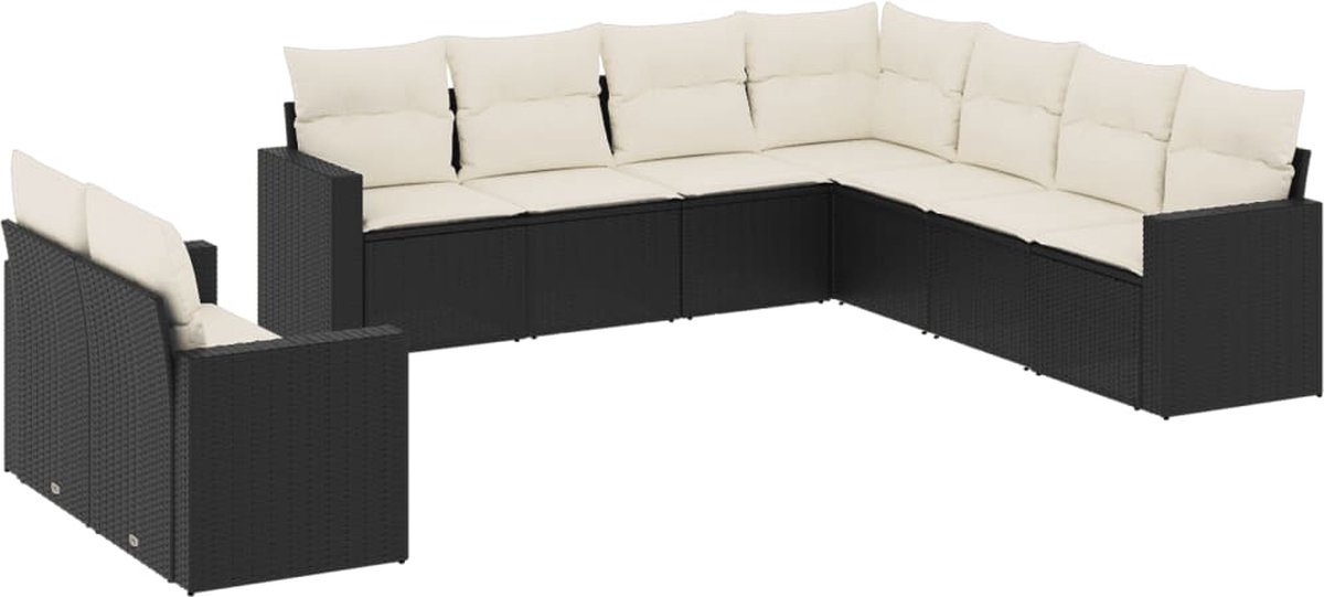 vidaXL 9-delige - Loungeset - met - kussens - poly - rattan - zwart