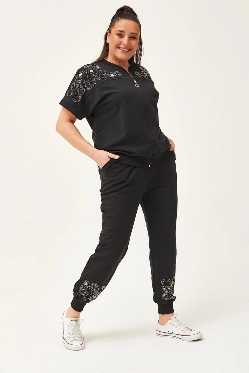 Dames Trainingspak Zwart XL - Zomer Kortmouw Transparante Snit Steen Bedrukte Fitnesstrainingspakken - Grote MatenTracksuit Joggingpak
