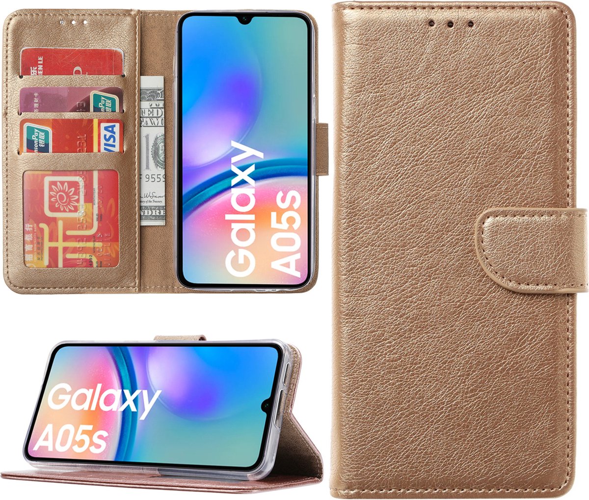Arara Hoesje geschikt voor Samsung Galaxy A05s hoesje - Bookcase met pasjeshouder - Goud