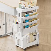 Mobiel boekenkast met wieltjes, beweegbare boekenrekwagen, 5-traps rolwagen met wielen, uittrekbare rolwagen voor kantoor, keuken, slaapkamer, badkamer (wit)