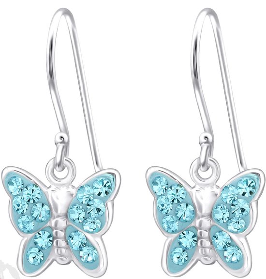 Joy|S - Zilveren vlinder bedel oorbellen - oorhangers - blauw kristal - kinderoorbellen