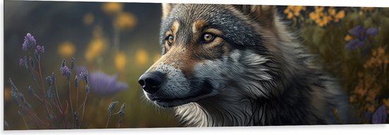 Dibond - Wolf - Dier - Bloemen - Kleuren - 150x50 cm Foto op Aluminium (Met Ophangsysteem)