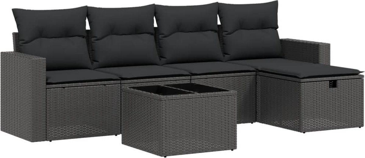 VidaXL 6-delige Loungeset met kussens poly rattan zwart