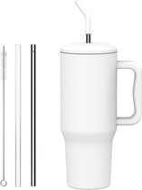 Tasse isotherme avec paille et poignée, 1200 ml, tasse à café à Go avec couvercle, tasse isolante sous vide à double paroi en acier inoxydable, tasse de voiture portable pour boissons chaudes et froides