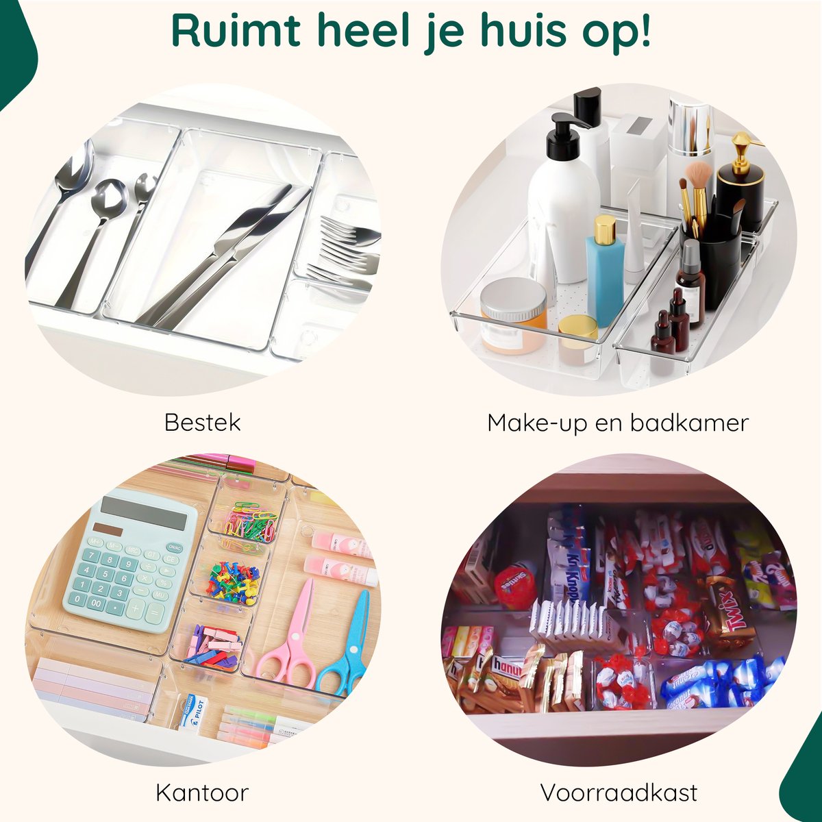 uandu Lade-organizer, set van 25 met 4 maten, make-uptafel en cosmetica, opslag voor lade, make-up-opbergsysteem voor badkamer, keuken en kantoor
