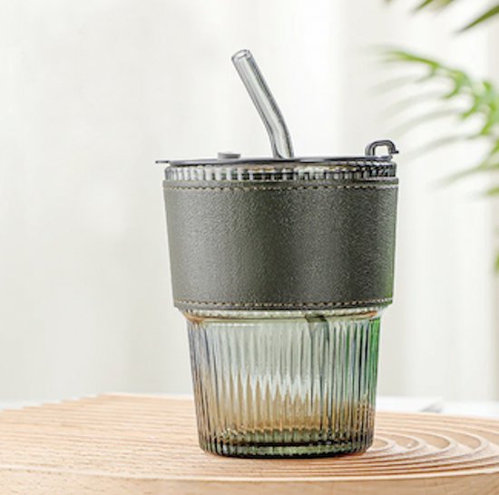 Without Lemon - Glazen To Go Tumbler - Beker met Deksel en rietje - Koffie - Thee - Duurzaam - 400ml - Donkergroen