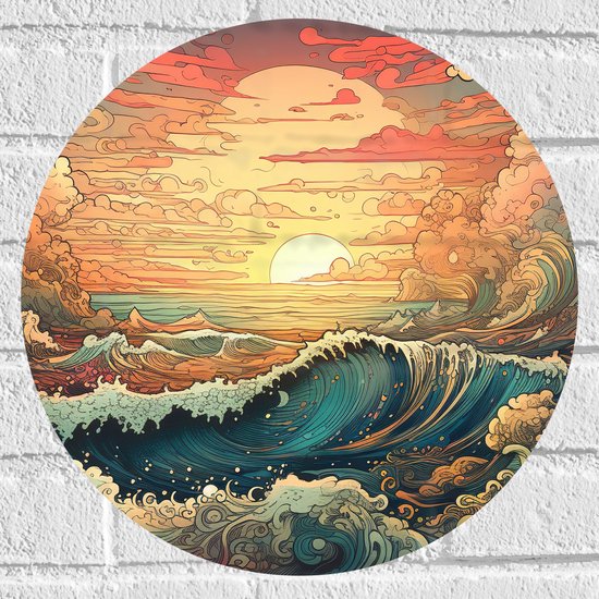 Muursticker Cirkel - Schilderij - Oceaan - Zee - Golven - Zonsondergang - Wolken - Kleuren - 40x40 cm Foto op Muursticker