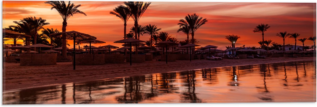 Vlag - Strand - Zee - Zonsondergang - Parasols - Palmbomen - 60x20 cm Foto op Polyester Vl
