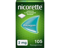 Nicorette Suikervrije Kauwgom - 2 mg nicotinekauwgom - nicotinevervanger - stoppen met roken - 1 x 105 stuks Nicorette Suikervrije Kauwgom - 2 mg nicotinekauwgom - nicotinevervanger - stoppen met roken - 1 x 105 stuks