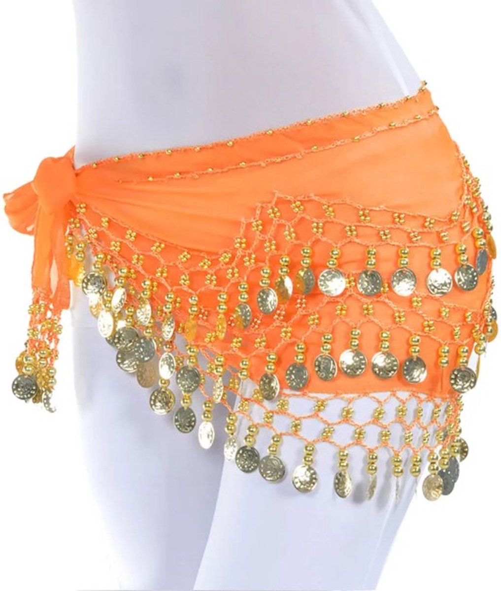 Go Go Gadget - Buikdans Sjaal met Gouden Muntjes - 150 cm - Heupsjaal - Oranje