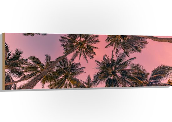 Hout - Palmbomen - Tropisch - Kleuren - Roze - Onderaanzicht - 150x50 cm - 9 mm dik - Foto op Hout (Met Ophangsysteem)