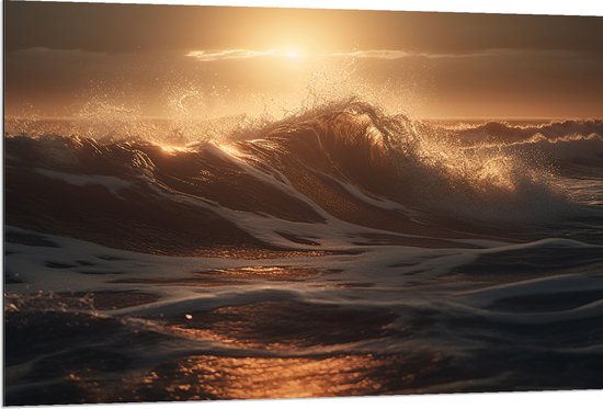 Dibond - Zon - Zonsondergang - Zee - Golven - 120x80 cm Foto op Aluminium (Met Ophangsysteem)