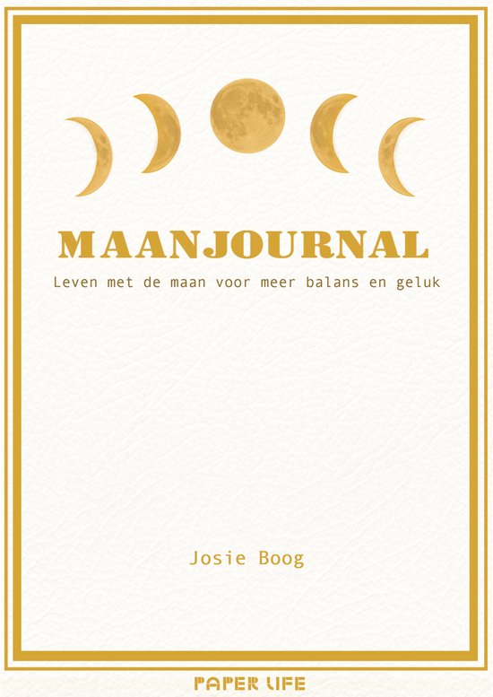 Gouden kaft met afbeelding van volle maan en halve manen, tekst 'MAANJOURNAL' en 'Josie Boog'.
