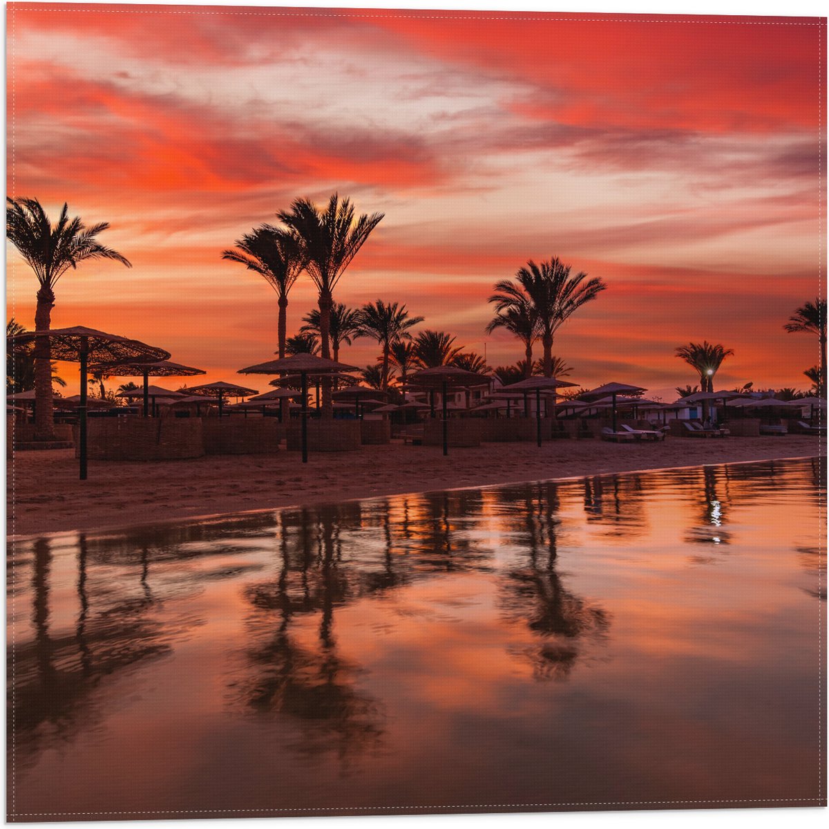 Vlag - Strand - Zee - Zonsondergang - Parasols - Palmbomen - 50x50 cm Foto op Polyester Vl