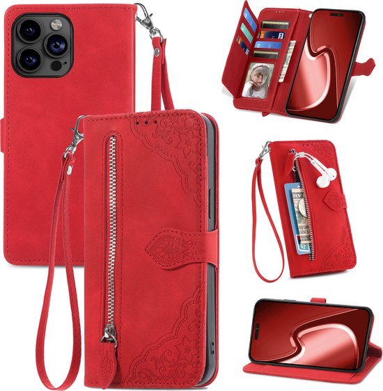 Hoesje geschikt voor Samsung Galaxy A10 - Bookcase - Koord - Pasjeshouder - Portemonnee - Bloemenpatroon - Kunstleer - Rood