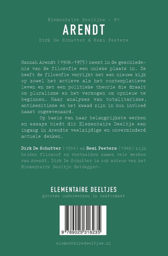 Boek 'Arendt' met tekst over Hannah Arendt, auteurs Dirk De Schutter & Remi Peeters, en een barcode.