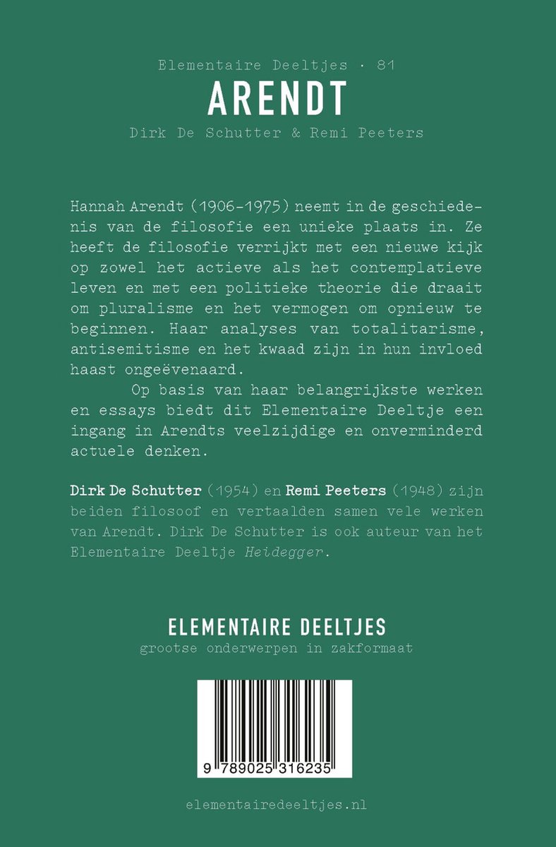Boek 'Arendt' met tekst over Hannah Arendt, auteurs Dirk De Schutter & Remi Peeters, en een barcode.