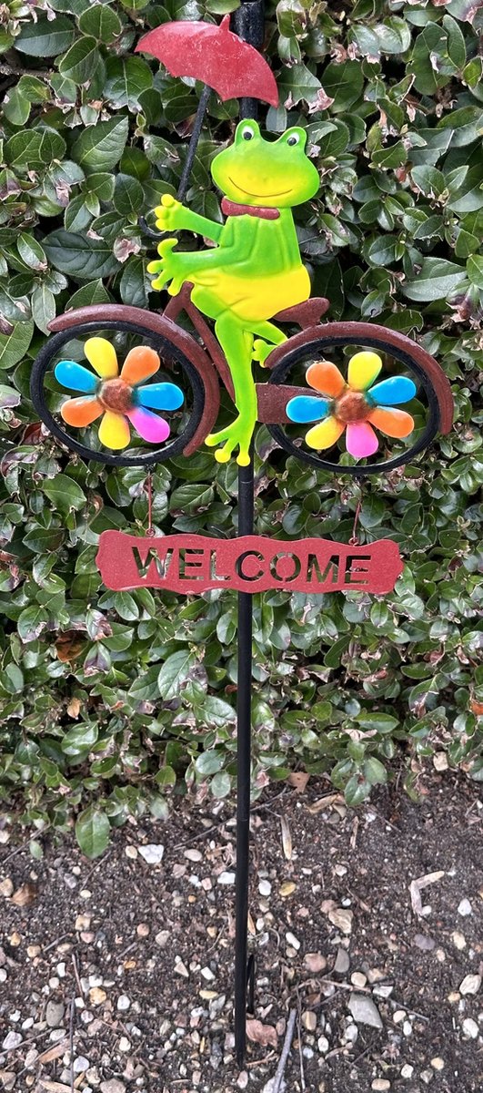 Impuls Metalen deco tuinsteker kikker op fiets + welcome meerkleurig hoogte 80 x 22 x 2 cm Tuinaccessoires Tuindecoratie – Tuinstekers