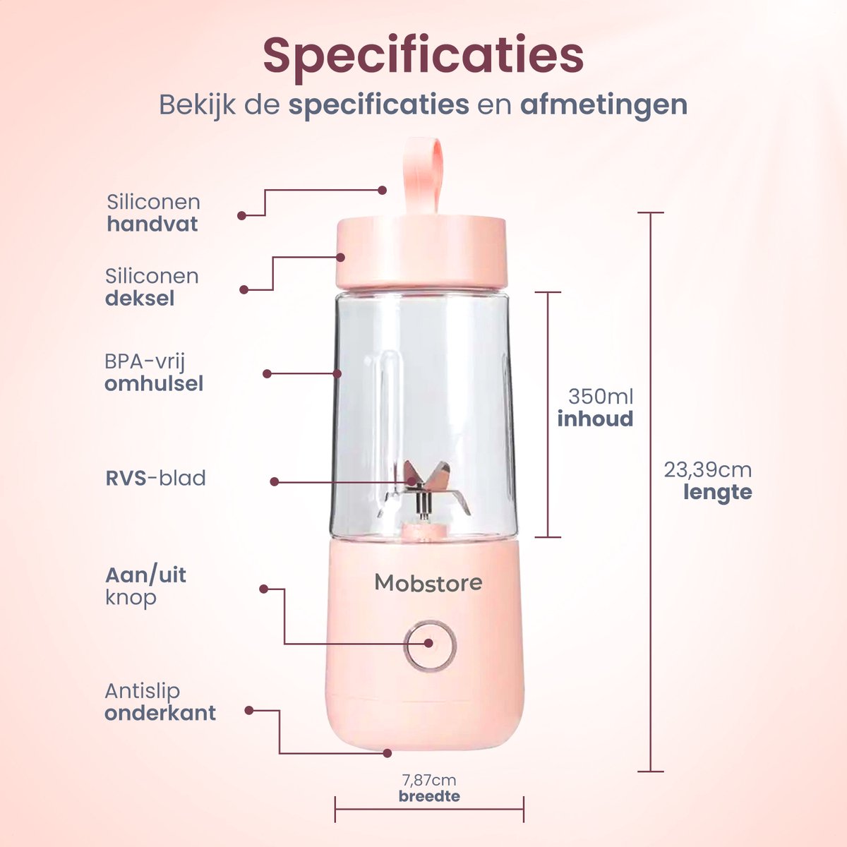 Mobstore Mini Blender - Blender to go - Smoothie Maker - Draagbare Blender - Oplaadbare mini Blender - Portable Blender - Lichtgewicht - Blender draadloos - Blender - Blenders - Blender smoothie - Keukenmachines – foto 6