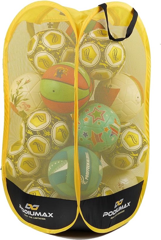 Gele mesh balzak, gevuld met diverse sportballen, met aan de onderkant het logo "PODIUMAX".