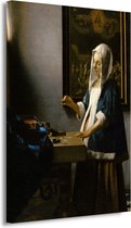 Vrouw met een weegschaal - Johannes Vermeer portret - Vrouw schilderijen - Canvas schilderij Portret - Moderne schilderijen - Schilderijen canvas - Kunst aan de muur 50x70 cm