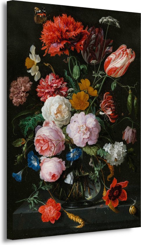 Stilleven met bloemen in een glazen vaas - Jan Davidsz. de Heem wanddecoratie - Bloemen portret - Canvas schilderij Natuur - Wanddecoratie modern - Canvas keuken - Kunstwerken schilderij 100x150 cm