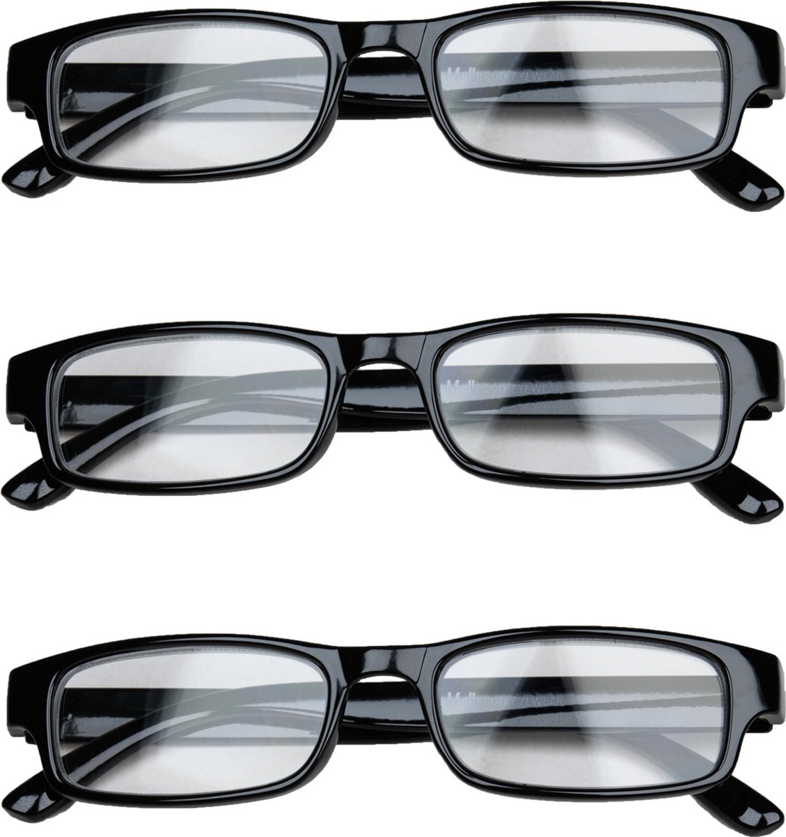 Melleson Eyewear Leesbril Overlijk - Zwart Glanzend - +1.50 - 3 Stuks - Inclusief 3 Hoesjes
