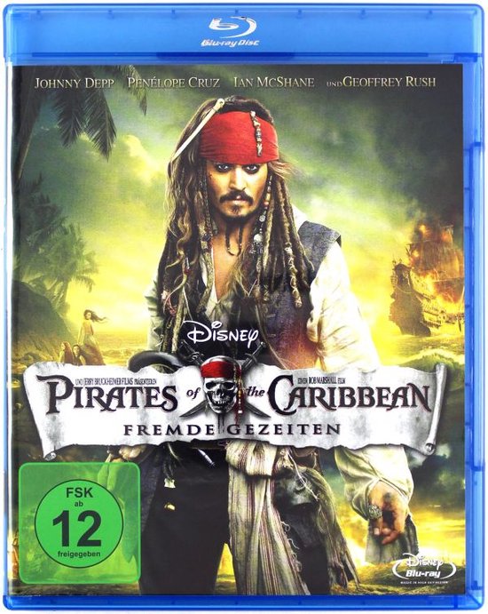 Voor- en achterkant van de Blu-ray disc van Pirates of the Caribbean - Fremde Gezeiten. Johnny Depp als Jack Sparrow.