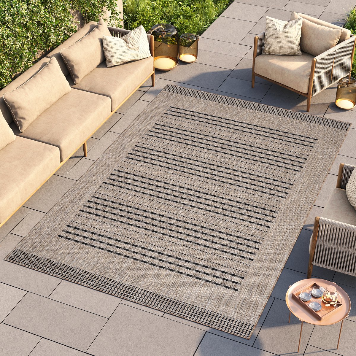 Tapiso Melissa Vloerkleed Bruin Gestreept Tapijt voor Balkon Tuin Terras Maat- 80x150