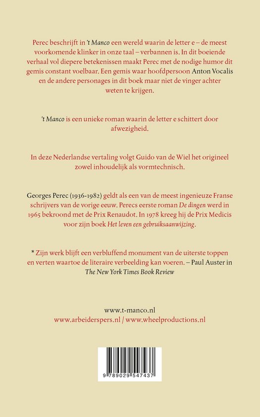 Boekomslag van 't Manco met tekst.